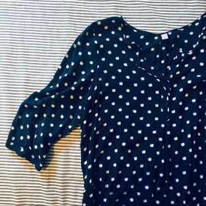 3/4 sleeve navy polka dot blouse